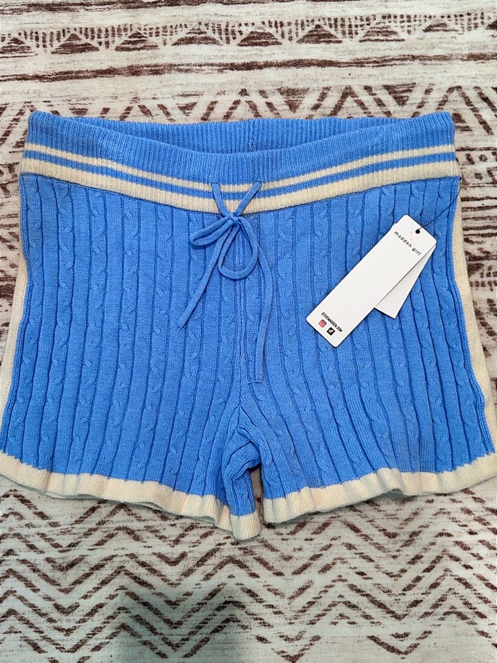 Madden Girl Sky Blue Cable-Knit Lounge Shorts with Ivory Trim